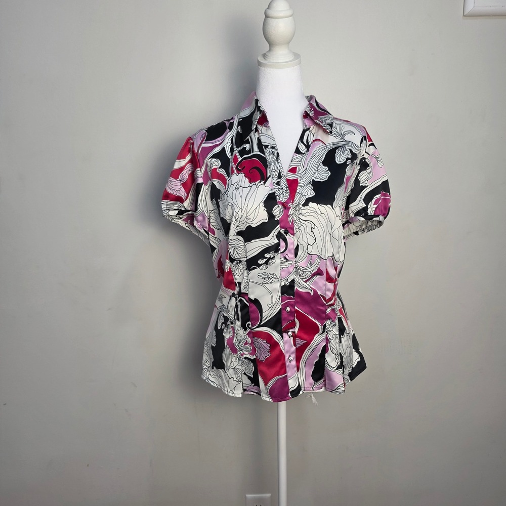 Ann Taylor Pink Black White Floral Swirl Short Sleeve Button Up Blouse Size 16
